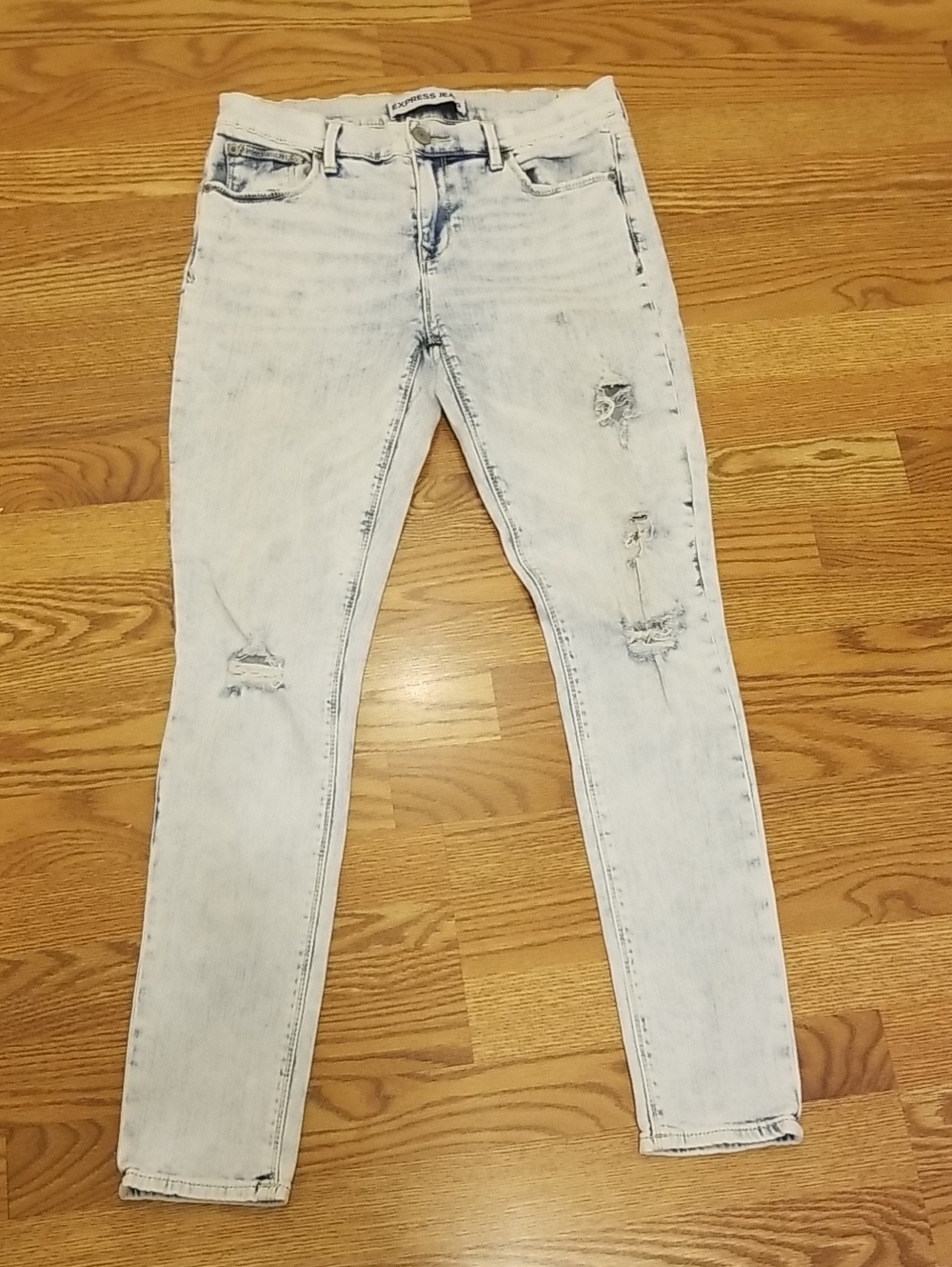 Express Light Blue Skinny Jeans with Distressed Detail